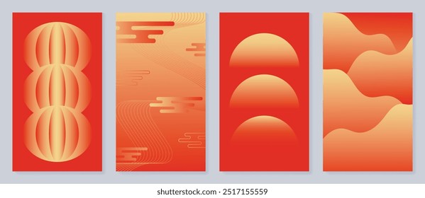 Conjunto de Vector de fondo de póster de año Nuevo chino. Diseño de tarjeta de lujo con linterna, nube, línea, forma geométrica. Ilustración oriental elegante para la cubierta, Anuncio, Sitio web, calendario, sobre.