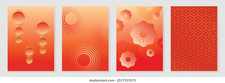 Conjunto de vetor de fundo de cartaz de Ano Novo Chinês. Design de cartão de luxo com lanterna, flor, forma geométrica. Ilustração oriental elegante para capa, banner, site, calendário, envelope.