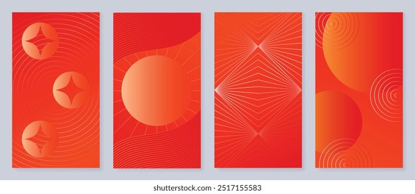 Conjunto de vetor de fundo de cartaz de Ano Novo Chinês. Design de cartão de luxo com moeda, linha, forma geométrica. Ilustração oriental elegante para capa, banner, site, calendário, envelope.