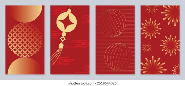 Chinesisches Neujahrsplakat Hintergrund Vektor-Set. Luxuskartendesign mit goldener Laterne, Feuerwerk, Blume, chinesischem Muster. Elegante orientalische Illustration für Cover, Banner, Website, Kalender, Umschlag.