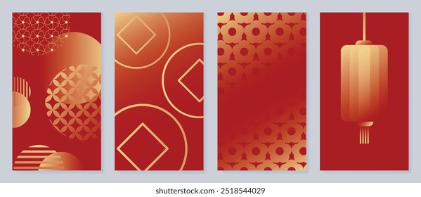 Conjunto de Vector de fondo de póster de año Nuevo chino. Diseño de tarjeta de lujo con linterna dorada, fuegos artificiales, flores, patrón chino. Ilustración oriental elegante para la cubierta, Anuncio, Sitio web, calendario, sobre.