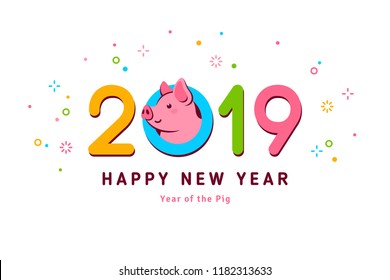 Chinese New Year poster with cute funny pig in 2019 numbers. Vector illustration.
