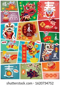 Chinese new year poster design set. Chinese text translation: 2020, happy Lunar Year and best wishes, wishing you prosperity and wealth, Wealthy & best prosperous, good fortune, rat, auspicious.
