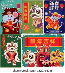 Chinese new year poster design set. Chinese text translation: Happy lunar year and best wishes, auspicious rat year, wealthy & best prosperous, good fortune, rat, auspicious, gold.