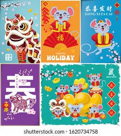 Chinese new year poster design set. Chinese text translation: 2020, Spring, wishing you prosperity and wealth, wealthy & best prosperous, good fortune, rat, auspicious.