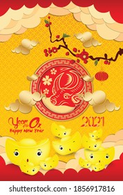 Chinese new year poster design with Chinese of the Ox, Happy Chinese New Year 2021, gold ingots