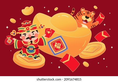 Chinese new year poster design with god of wealth, tiger, gold ingots. Flat illustration.