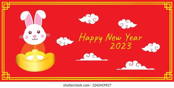 Chinese new year poster design with rabbit, cloud, and gold ingot. Background with the words Happy new year 2023 in gold color