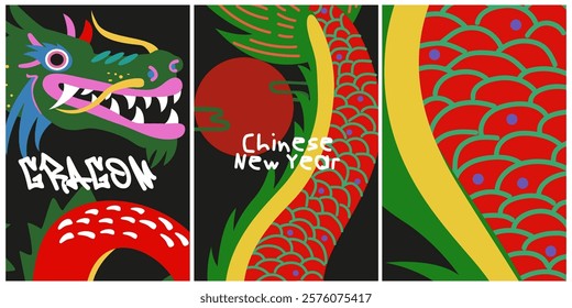 Chinese New Year poster design. Year of the dragon. Asian folk traditions, lunar New Year, mythical dragon banner. Chinese zodiac Dragon symbol