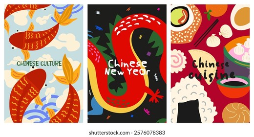 Chinese New Year poster design. Retro wallpaper design with koi fish carp, mythical dragon banner, Asian cuisine. Chinese culture cartoon poster collection for wall decor, background, prints