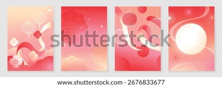 Chinese New year poster design vector set. Modern new year red card with lantern, flower, firework, moon in geometric shape. Illustration for flyer, brochure, social media, banner, ads.