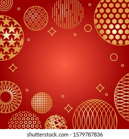Chinese New Year Poster, Greeting Card with Golden Asian Elements on Red Background. Gold Lantern, Balls and Patterns in Modern Abstract Style. Vector illustration with Copy Space.