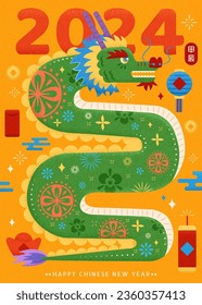 Chinese New year poster. Majestic green dragon with floral pattern on orange background with festive decorations. Text: Year 2024