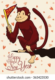 Chinese New Year poster with monkey holding a pennant and floral background.