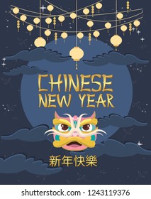 Chinese New Year poster, the year of pig. Chinese wording translation: "Happy New Year". Editable vector illustration