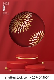 Chinese New Year Poster For Product Demonstration. Red Pedestal Or Podium With Pearls On Red Background.