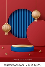 Chinese new year poster for product demonstration. Blue pedestsl or podium with lanterns on red background.