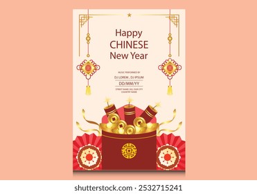 Chinese new year poster for product demonstration. Red pedestal or podium with folding fans, lanterns and ingots on pink background. Translation: New year.
