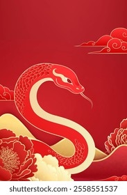 Chinese New Year poster of the Year of the Snake Red snake surrounded by peony flowers and moire