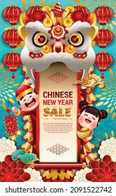 Una plantilla china de afiches de año nuevo para promocionar la venta en el mercado con cabeza de baile de león que lleva detalles de venta de pergamino y dos niños chinos que llevan fuegos artificiales y un lingote de oro