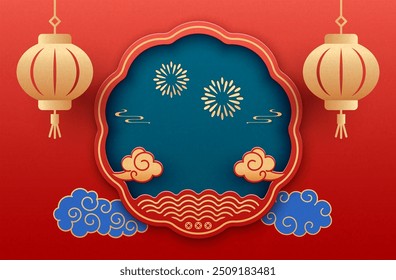 Cartaz de Ano Novo Chinês, vitrine de loja tradicional com lanternas e nuvens auspiciosas