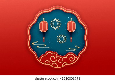 Chinese New Year poster, traditional shop window with lanterns and auspicious clouds