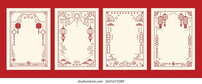 Chinese New Year poster vector set. Elegant card template design with frame, lantern, cloud, wave, firework in red line art. Oriental illustration for cover, website, calendar, envelope, package.