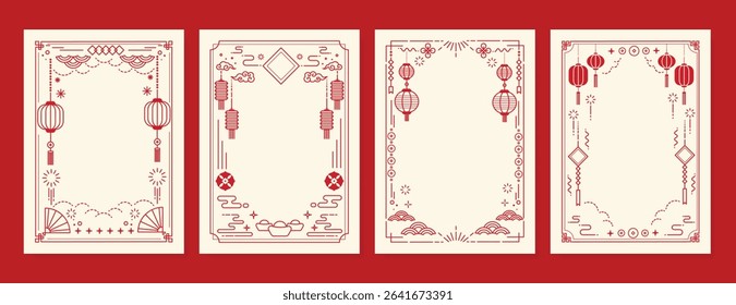 Chinese New Year poster vector set. Elegant card template design with frame, lantern, cloud, wave, firework in red line art. Oriental illustration for cover, website, calendar, envelope, package.