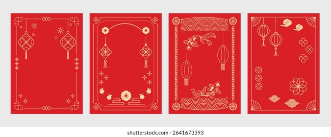 Chinese New Year poster vector set. Luxury card template design with frame, lantern, cloud, wave, flower, koi fish in gold line art. Oriental illustration for cover, website, envelope, package.