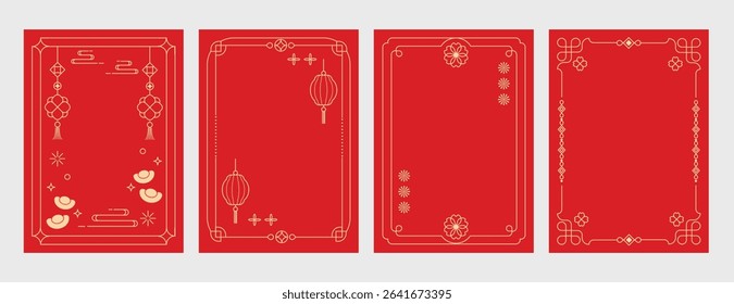 Chinese New Year poster vector set. Luxury card template design with frame, lantern, cloud, flower in gold line art. Oriental illustration for cover, website, envelope, package.