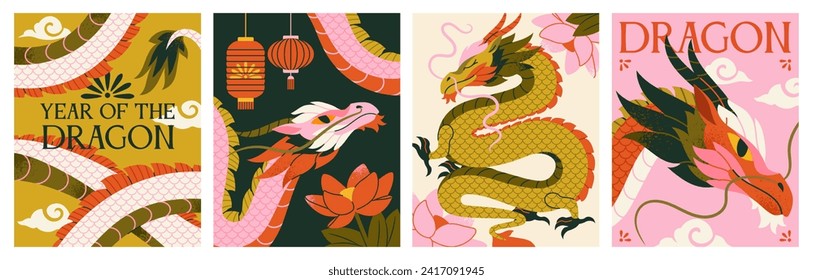 Afiches chinos de Año Nuevo. Colección de cubiertas modernas con el símbolo de dragones zodiacos. Diseño para tarjetas de felicitación Feliz Año Nuevo 2024. Ilustraciones de caricaturas de vectores planos aisladas en fondo blanco