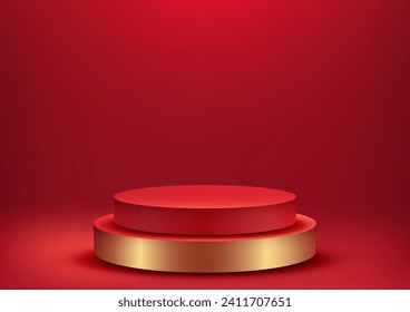 Chinese New Year product launch 3D podium mockup. Featuring a luxurious red and gold design,. Vector illustration