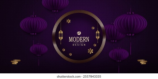 Chinese New Year .Purple greeting card with round gold frame.