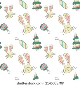 Chinese New Year of the Rabbit 2023. Christmas tree and decorations. Seamless vector pattern for fabric, paper, packaging
