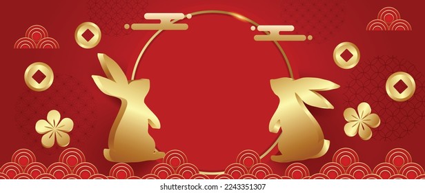 Chinese new year of the rabbit 2023 luxury background vector. Playful cute white rabbits, lantern, oriental waves and gold line art on red background. Design illustration for wallpaper, card, poster.