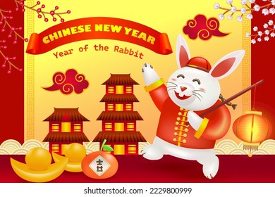 Chinese New Year, Year of the Rabbit. 3d illustration of a rabbit carrying a lantern with floral ornament, gold bars, oranges and house background