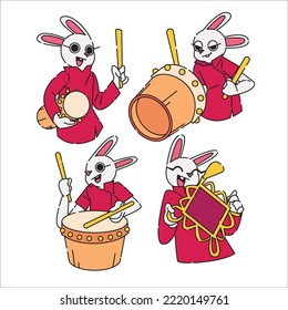 Chinese new year rabbit beating drums and holding wall decoration in flat design