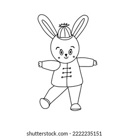 Chinese new year rabbit boy dancing for coloring page, card, print. Hand drawn vector illustration