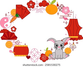 Chinese new year of rabbit bunny 2035 oval frame template for your text. CNY lunar lantern festival related objects vector graphic illustration
