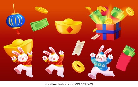 Chinese new year rabbit element set isolated on red background. Including bunnies in cute outfit, gift box full of money, lantern, gold ingot, red envelope, banknote, coins and coupon ticket.