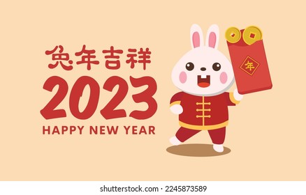 Chinese New Year Rabbit Good luck. Year of rabbit with gold coin and red paper bag Chinese New Year 2023 vector