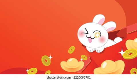 Chinese new year of the rabbit greeting card template. CNY 2023. Spring festival or lunar new year celebration background. Zodiac rabbit in red envelope with golden sycees ingots and coins.