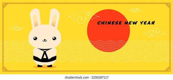 Chinese New year of rabbit horizontal banner. Greeting card of China traditional annual zodiac symbol hare on yellow. Asian trendy abstract design poster template to oriental calendar 2023. Vector