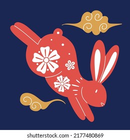 Chinese New Year rabbit. Red traditional zodiac animal, red bunny silhouette with white flowers, 2023 Horoscope. Card or square poster. Asian lunar calendar, vector oriental illustration