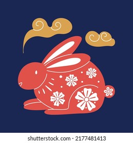 Chinese New Year rabbit. Red traditional zodiac animal, red bunny silhouette with white flowers, 2023 Horoscope. Card or square poster. Asian lunar calendar, vector oriental illustration