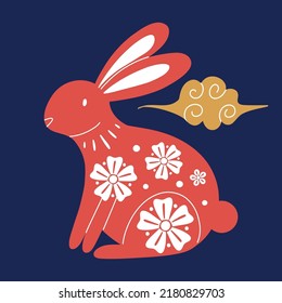 Chinese New Year rabbit. Red traditional zodiac animal, red bunny silhouette with white flowers, 2023 Horoscope. Card or square poster. Asian lunar calendar, vector oriental illustration