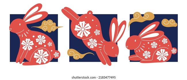 Chinese New Year rabbit. Red traditional zodiac animal, red bunny silhouette with white flowers, 2023 Horoscope. Card or square poster. Asian lunar calendar, vector oriental illustration