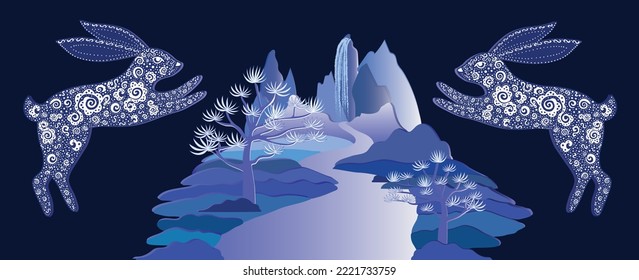 chinese new year of the rabbit. zodiac sign with flower. two rabbits on the background of an oriental landscape: mountains, a waterfall, a river, trees in blue and purple colors  paper cut style. 