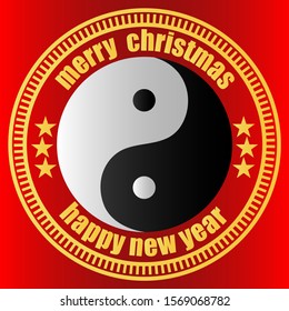 Chinese New Year Of The Rat 2020. Vector design. Gold picture frame with YinYang in the center on a red background. Vector image.