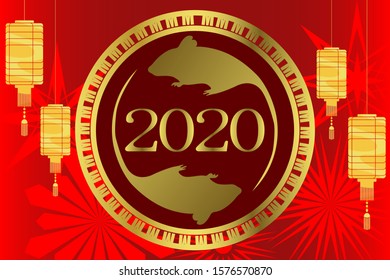 Chinese New Year Of The Rat 2020. Vector design. Golden image of lanterns and rat on a red background and a silhouette of flowers.